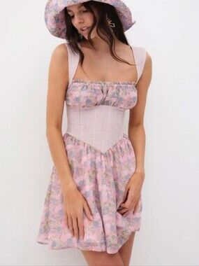 For Love & Lemons Brenna  Pink Gingham Corset Floral-Trim Sundress